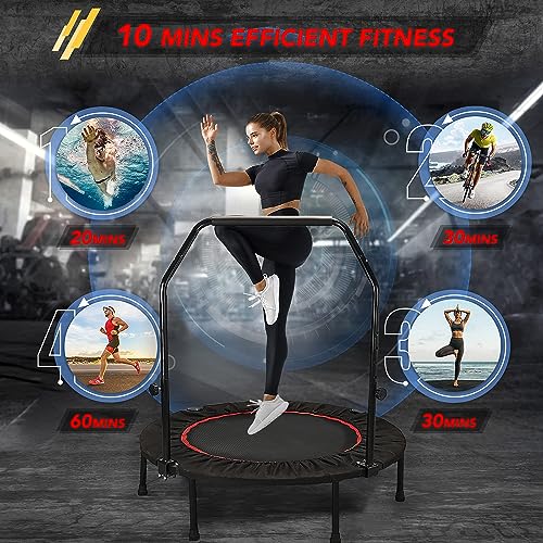 NAYUKII Mini Trampoline Fitness Rebounder for Adults and Kids Indoor&Outdoor Max Load 200kg Trampoline for Workout Fitness for Quiet and Safely Cushioned Bounce (Trampoline-Red(02)-armrest-48'')