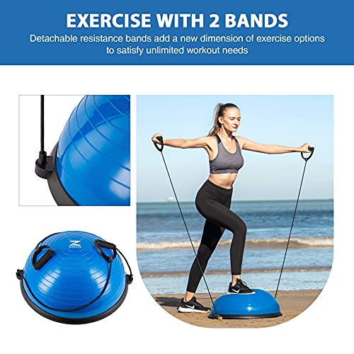 ZELUS Balance Ball Trainer Half Yoga Exercise Ball with Resistance Bands and Foot Pump for Yoga Fitness Home Gym Workout (Blue)