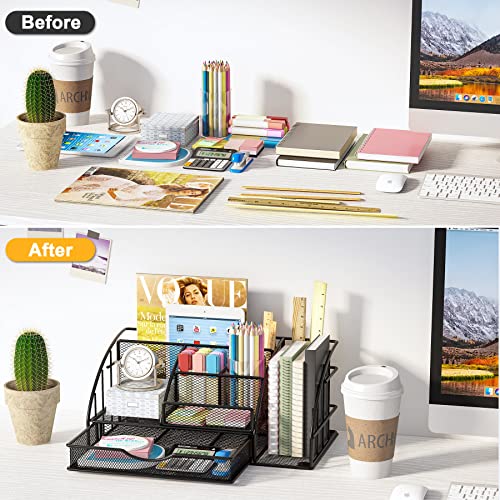 Tribesigns Office Desk Organizers and Accessories, Mesh Desktop Organizer with Sliding Drawer and File Folder, Office Supplies Stationary Storage Oganization for Women Home Office Dorm (Black)