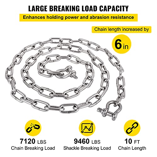 VEVOR Anchor Chain, 10 ft x 5/16 in 316 Stainless Steel Chain, 3/8" Anchor Chain Shackle, 7120lbs Anchor Lead Chain Breaking Load, 9460lbs Anchor Chain Shackle Breaking Load, Anchor Chain for Boats