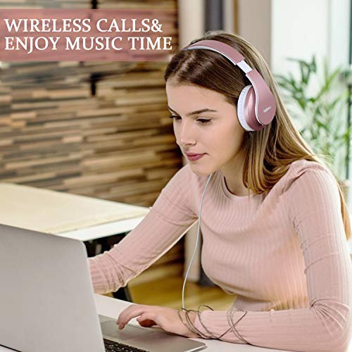 Bluetooth Headphones,TUINYO Wireless Headphones Over Ear with Microphone, Foldable & Lightweight Stereo Wireless Headset for Travel Work TV PC Cellphone-Rose Gold