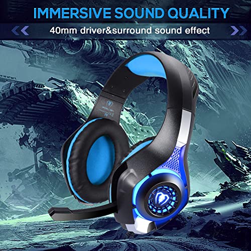 BlueFire Stereo Gaming Headset for Playstation 4 PS4, Over-Ear Headphones with Mic and LED Lights for PS5, Xbox One, PC, Laptop(Blue)