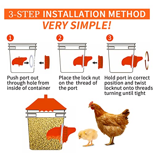 GUEOQTC 10 Pounds Chicken Feeder with 4 Ports, Rainproof Poultry Feeder for Up to 10 Adult Chickens or 15 Chicks(Orange) (OR-CF-8L)