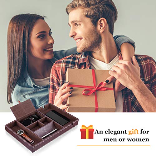 Mens Valet Tray, Leather Nightstand Organizer box with Charging Station for Men and Women,Catchall Tray EDC Dump Tray with 6 Compartments for Wallet Key Phone,Brown