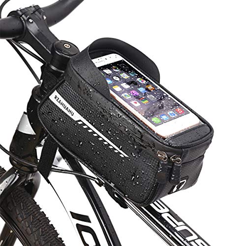 1.5L Cycling Cell Phone Bag Waterproof Top Tube Bike Frame Bag for Mobile Phone with Touch Screen and Earphone Hole with Reflective Strip Fits Phones Below Below 6.5”