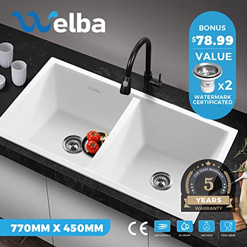 Welba Kitchen Sink Rectangle Double Bowls 770x450x230mm White