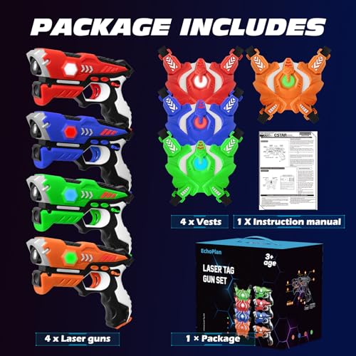 EchoPlan Laser Tag, Laser Tag Guns Toy Set of 4 with Vests, Upgraded Infrared Laser Tag Guns Toys for Kids, Lazer Tag Toys for Boys Indoor Outdoor Game, Toys for Kids Ages6 7 8 9 10 11 12+Year Old Boy