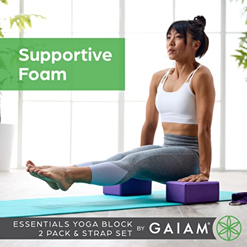 Gaiam Essentials Yoga Block 2 Pack & Yoga Strap Set, Grey