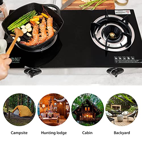 NJ NGB-S2 Indoor Gas Stove - 2 Burner Portable Gas Hob LPG Cooker Cooktop for Caravan Black Glass Freestanding Table Top for Home Kitchen Camping Garden Catering 6.8kW