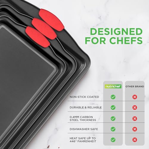 NutriChef Non-Stick Kitchen Oven Baking Pans-Deluxe & Stylish Nonstick Gray Coating Inside & Outside, Commercial Grade Restaurant Quality Metal Bakeware with Red Silicone Handles NCSBS3S, 3 Piece Set