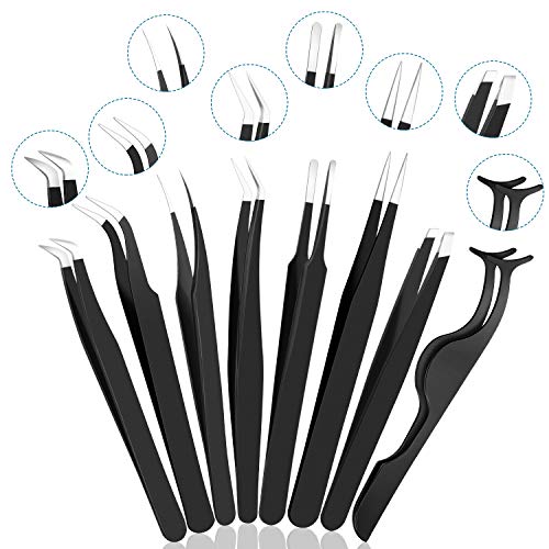 8 Pieces Eyelash Extension Tweezers Set Straight and Curved Tip False Lash Tweezers Eyelash Applicator Tool Stainless Steel Precision Tweezers for Eyelash Extension with Velvet Bag (Black)