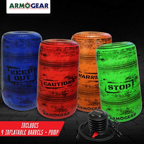 ArmoGear Inflatable Battle Barrels | Team Colored Inflatable Battle Zones | Red, Blue, Green, & Orange | Pump Included | Compatible with Nerf, Laser X, Water Blasters, Paintball Etc.!