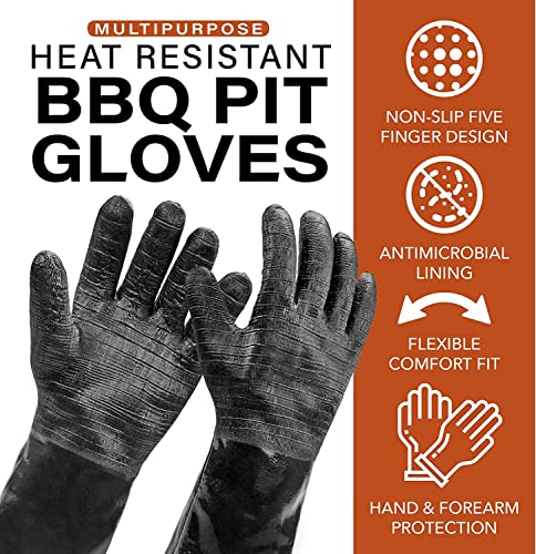 Heat Resistant BBQ Gloves, Long Sleeve Grill Gloves, Textured Gripto Handle Wet, Geasy or Oily Foods Fire and Food Safe Turkey Fryer Grill Oven Mitts for Smoker, Grilling and Barbecue Small 18"