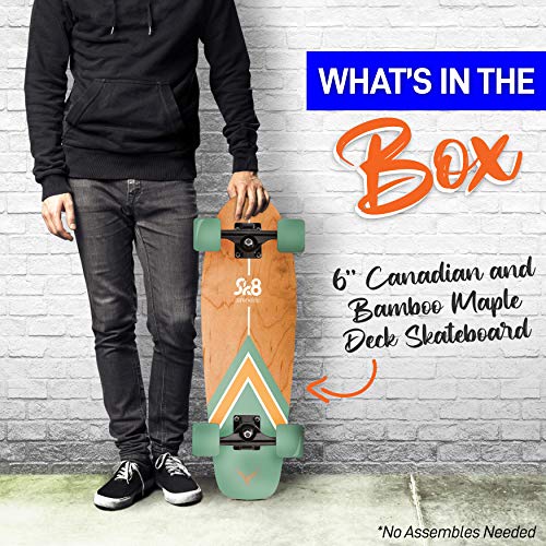 SereneLife Complete Standard Skateboard Mini Cruiser - 6 Ply Canadian & Bamboo Maple Deck Complete Double Kick Skate Board W/ 5" Aluminum Trucks - for Kids, Teens, Adults - SL5SBGR (Aqua)