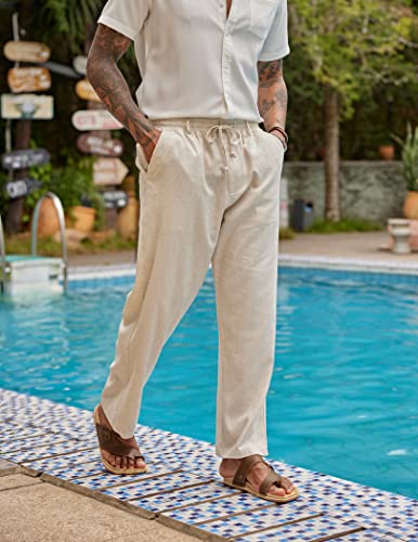 Coofandy Men's Linen Elastic Pants Casual Regular Fit Golf Beach Pants