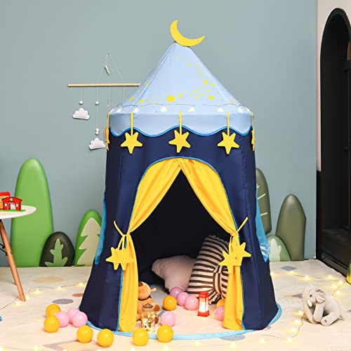 HONEY JOY Kids Play Tent, Foldable Pop Up Playhouse for Children w/Star String Light & Carrying Bag, Indoor Outdoor Castle Tent Playhouse for Parties Celebrations, Portable Play Tent w/2 Mesh Windows