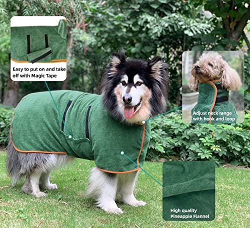 Dog Bathrobe Towel, Pet Drying Coat,Fast Drying Super Moisture Absorbent Dog Bathrobe Microfibre Towelling,Adjustable Collar and Waist Pet Dog Cat Bath Robe for Large,Medium,Small Dogs Green (M)