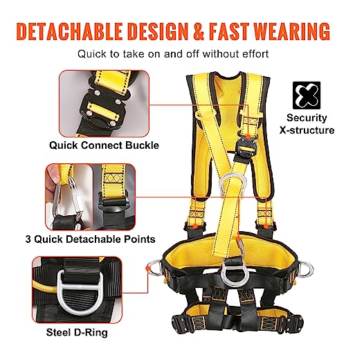 VEVOR Safety Harness, Universal Full Body Harness, Detachable Safety Harness Fall Protection with Added Padding on Shoulder, Back, Waist, Legs, and 5 D-Rings, ANSI/ASSE Z359.11, 340 lbs