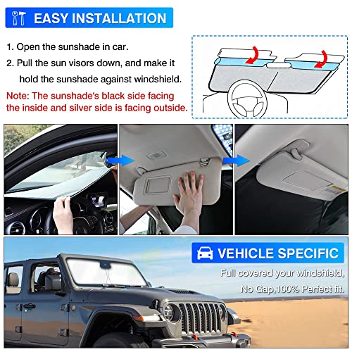 KUST Windshield Sun Shade for 2020-2023 Jeep Gladiator(JT),Sport,Sport S,Overland Rubicon Pickup(NO Sensor) Window Sunshade Sun Visor Protector Foldable Blocks UV Rays Keep Your Car Cooler