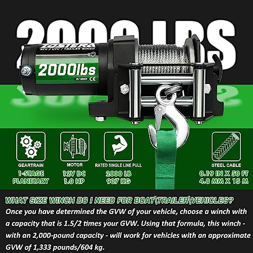 Zostera 12v Electric 2000 lb Winch for ATV UTV Trailer Boat Winch Steel Cable Waterproof with Switch Remotes Control and Mounting Bracket,Small Towing Pulling Winches with Automatic Brake