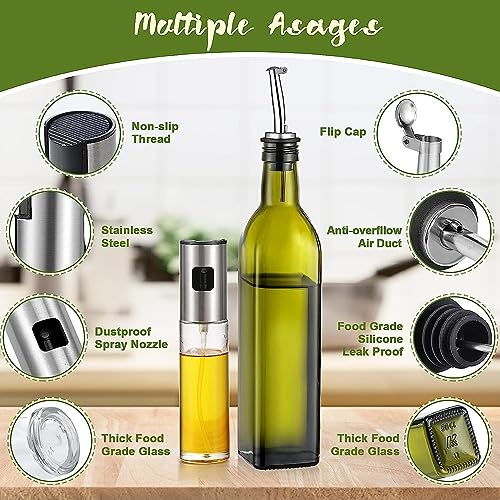 Epzia Olive Oil Dispenser 17 OZ and Oil Sprayer Bottle 100 ML for Cooking Set - Green Oil and Vinegar Cruet Bottle Set for Kitchen - Glass container with Drip-Free Stainless Steel Spout