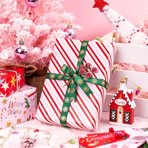 WRAPAHOLIC Christmas Wrapping Paper Roll - Red and Pink Santa Claus Cup, Christmas Tree Holiday Design - 4 Rolls - 30 Inch X 120 Inch Per Roll