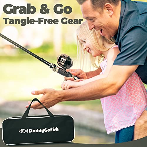 DaddyGoFish Kids Fishing Pole - Rod Reel Combo Tackle Box Starter Set -  First Year Small Dock Gear Kit for Boys Girls Toddler Youth Age Beginner  Little Children Junior Anglers (Black, 4ft)