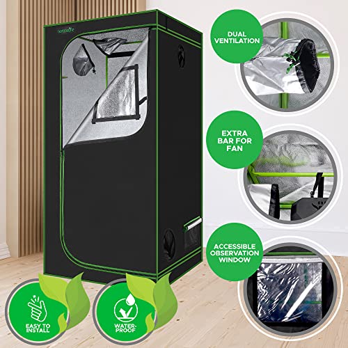 SereneLife Medium Hydroponic Grow Tent Garden-36'' x 36'' x 72'' Indoor Plant Growing System w/Durable Reflective 600D Mylar,Observation Window-Includes Removable Floor Tray,Pole Shelf