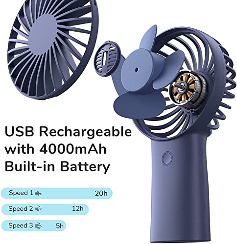 JISULIFE Handheld Fan, 4000mAh Portable Fan, Mini Hand Fan, USB Rechargeable Small Pocket Fan [5-20H Working Time] Battery Operated Personal Fan with 3 Speeds for Travel/Commute/Picnic/Office-Blue