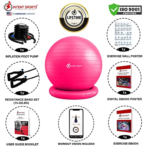 INTENT SPORTS Yoga Ball Chair – Stability Ball with Inflatable Stability Base & Resistance Bands, Fitness Ball for Home Gym, Office, Improves Back Pain, Core, Posture & Balance (65 Cm) (Pink)