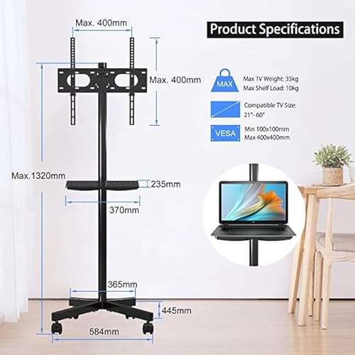 Mobile TV Carts on Wheels for 21-60 Inch Flat/Curved Panel Screens TVs - Height Adjustable Floor Trolley Stand with Shelf Holds up to 77lbs - Max VESA 400x400mm (ML55A)