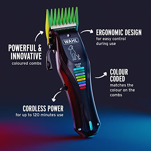 WAHL Colour Pro Rechargeable Pet Clipper, Pet Clippers with Colour Coded Combs, Full Coat Grooming Clippers for Dogs, Low Noise Pet Clippers, Corded/Cordless Dod Clippers.