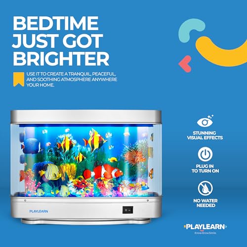 Playlearn USA Fake Fish Tank Mini Aquarium - Artificial Fish Tank with Moving Fish - Fake Aquarium Lamp - Perfect Sensory Lamp, Grey Base