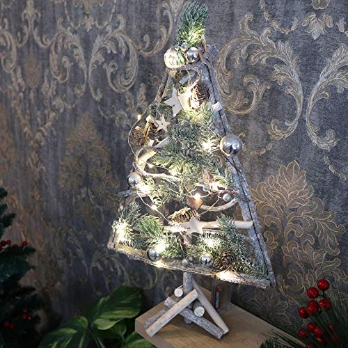 SHATCHI Christmas Pre-Lit Warm White LED Frame Tabletop Centrepiece Decoration with Pinecones and Baubles Holiday Home Décor Star/Rectangle, Wood, Wooden Tree, 48 X 28 CM