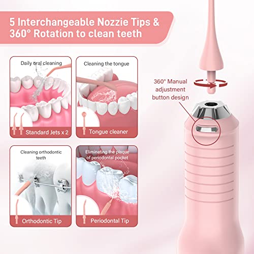 Sejoy Cordless Water Flosser, Water Dental Flosser Water Flossers for Teeth Portable Oral Irrigator Rechargeable for Home Travel Office, 270ML IPX7 Waterproof 5 Cleaning Modes & 5 Jet Tips, Pink