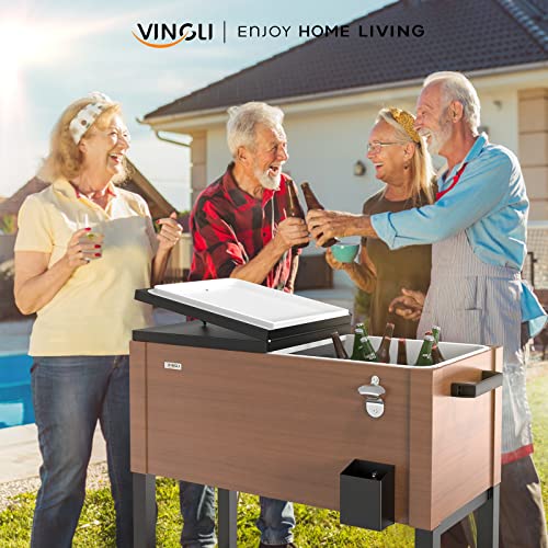 VINGLI 80 Quart Rolling Ice Chest on Wheels, Patio Cooler Cart with Waterproof Cooler Cart Cover, Beverage Rolling Cooler for Outdoor Patio Deck Party (Brown)