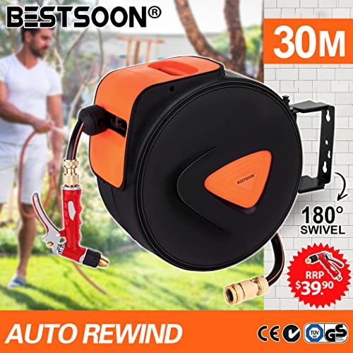 BESTSOON 30M Wall Mounted Hose Reel Retractable, Heavy Duty Garden Hose Reel Any Length Lock/Automatic Rewind/180° Swivel Bracket