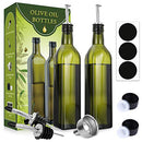 [2 Pack]Aozita 17oz Glass Olive Oil Bottle Set - 500ml Dark Green Oil & Vinegar Cruet with Pourers, Funnel and Labels - Olive Oil Carafe Decanter for Kitchen