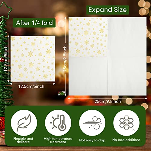 200 Pcs Christmas Paper Napkins Snowflake Cocktail Napkins Dinner Napkins Disposable White and Gold Paper Napkins Decorative Table Napkin for Birthday Winter Dinner Party Supply, 10 x 10 Inch Unfolded