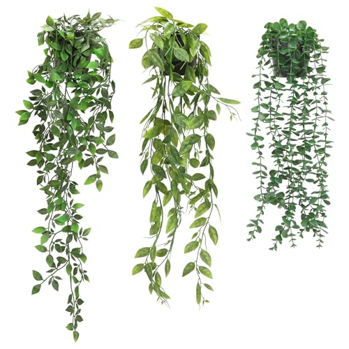 Artigreen 3 Pcs Artificial Hanging Plants-Eucalyptus Mandala Snow Pea Vine in Pot Plants for Office Farmhouse, Fake Foliage Pendant Plant, Indoor Outdoor Wedding Home Decoration