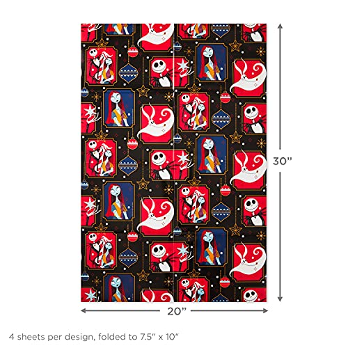 Hallmark Nightmare Before Christmas Flat Wrapping Paper Sheets with Cutlines on Reverse (12 Folded Sheets) for Christmas, Birthdays, Halloween, Jack Skellington, Sally, Zero, Black, White, Red, 0005EW 1001