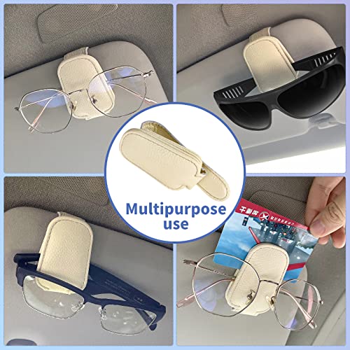 Universal Sunglass Holder For Car Sun Visor, Automotive Magnetic Leather Glasses Holder Keep Glasses & Auto Items Secure, Eyeglass Holder，Ticket Card Clip & Sunglass Visor Clips For Cars(Beige)