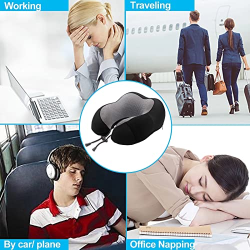 DAWNTREES Travel Pillow, Memory Foam Neck Pillows for Travel Airplane, Business Trip with Luxury Bag, Travel Essentials,Travel Kit with 3D Contoured Eye Masks, Earplugs.