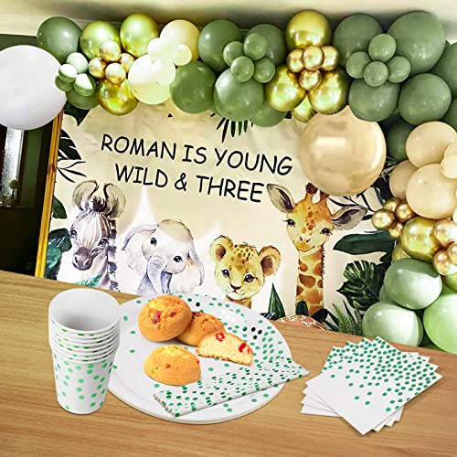 Sage Green Party Paper Plates Cups and Napkins Set, 24 Guest Green Party Supplies, Party Tableware with Balloon Arch,Tablecloth for Birthday, Baby Shower, Wedding, Jungle Safari Party Decoration