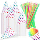 Disposable Snow Cone Cups and Spoon Straws Set Colored Polka Dot Leakproof Cone Paper Cups and Multicolor Fun Straws For Slush Shaved Ice Cream Sorbet Water (200 Set, 6 oz)