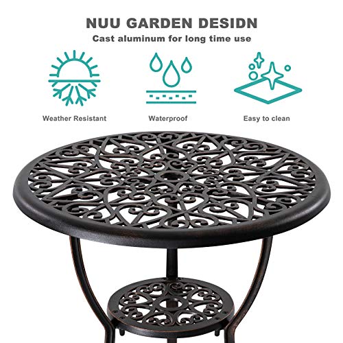 Nuu Garden 3 Piece Bistro Table Set Cast Aluminum Outdoor Furniture Weather Resistant Patio Table and Chairs with Umbrella Hole for Yard, Balcony, Porch, Black with Antique Bronze at The Edge