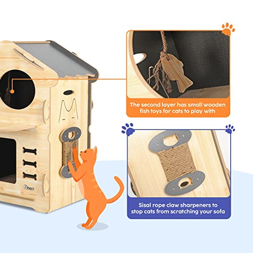 2 Layer Large Wooden Cat House Condo Indoor Kitty Scratching Playhouse Durable for Cats Rabbit