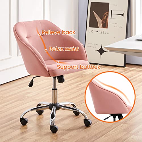 Yaheetech Velvet Desk Chair, Makeup Vanity Chair with Adjustable Tilt Angle, Modern Swivel Office Chair Upholstered Armchair Study Chair for Living Room and Makeup Room Pink