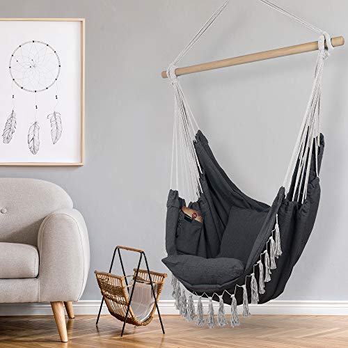 KOMOREBI Hammock Chair | Hanging Rope Swing for Indoor & Outdoor | Soft & Durable Cotton Canvas | 2 Cushions Included | Large Macrame Hanging Chair with Pocket for Bedroom, Patio, Porch (Grey)