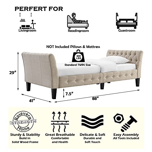 Rosevera Milagros Upholstered Button Tufted Fine Polyester Easy aseemble with Wooden Legs Twin Size Daybed Sleeper Couch for Living Room Bedroom, Day Bed Without Backer, Warm Beige